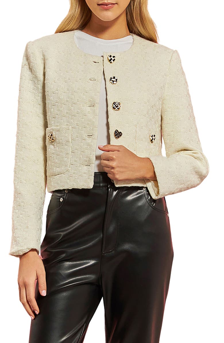 English Factory Premium Textured Houndstooth Crop Jacket, Main, color, Ivory