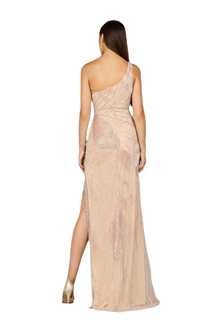 One Shoulder Beaded Gown with Fringe Slit, Alternate, color, Nude/Multi