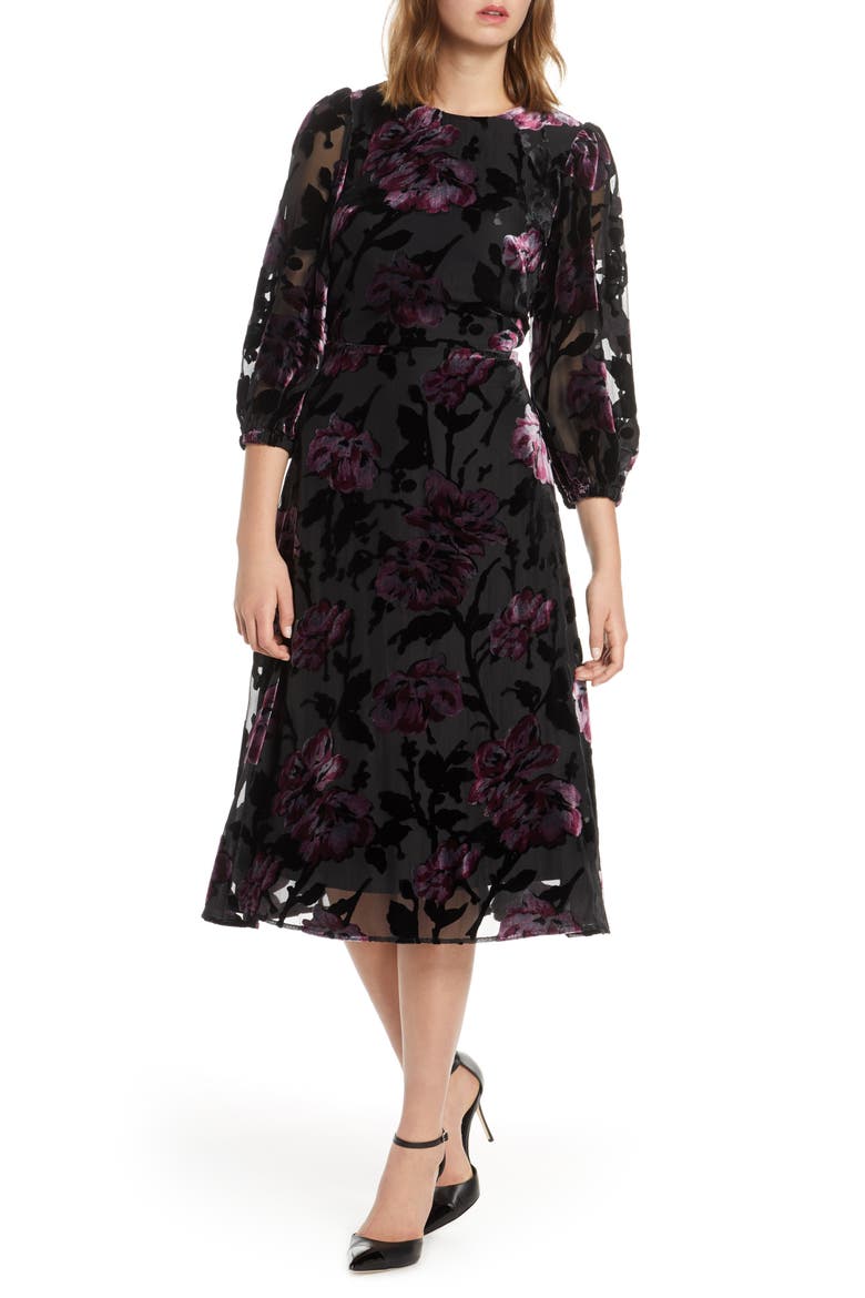 Balloon Sleeve Chiffon Jacquard Dress, Main, color, BLACK