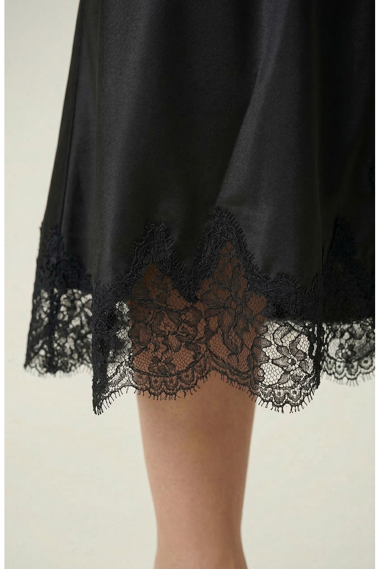 Lace Trim Asymmetric Satin Midi Skirt with Contrast Panel, Alternate, color, Black