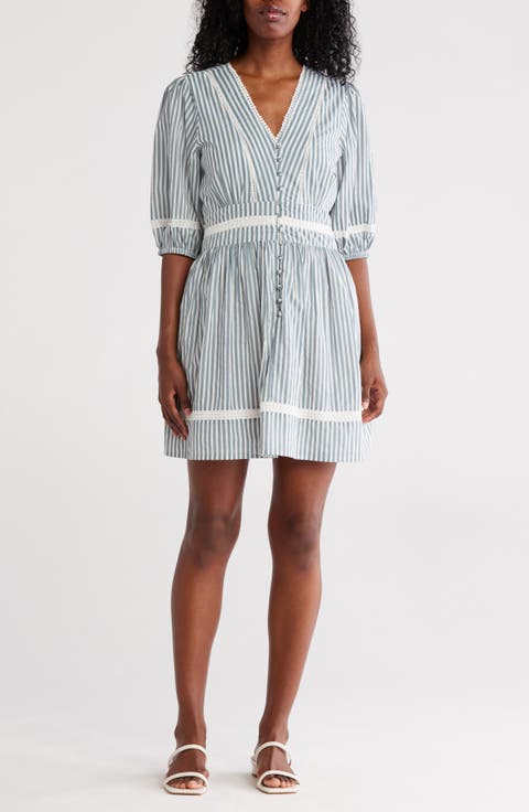 Stripe Puff Sleeve Lace Trim Fit & Flare Dress
