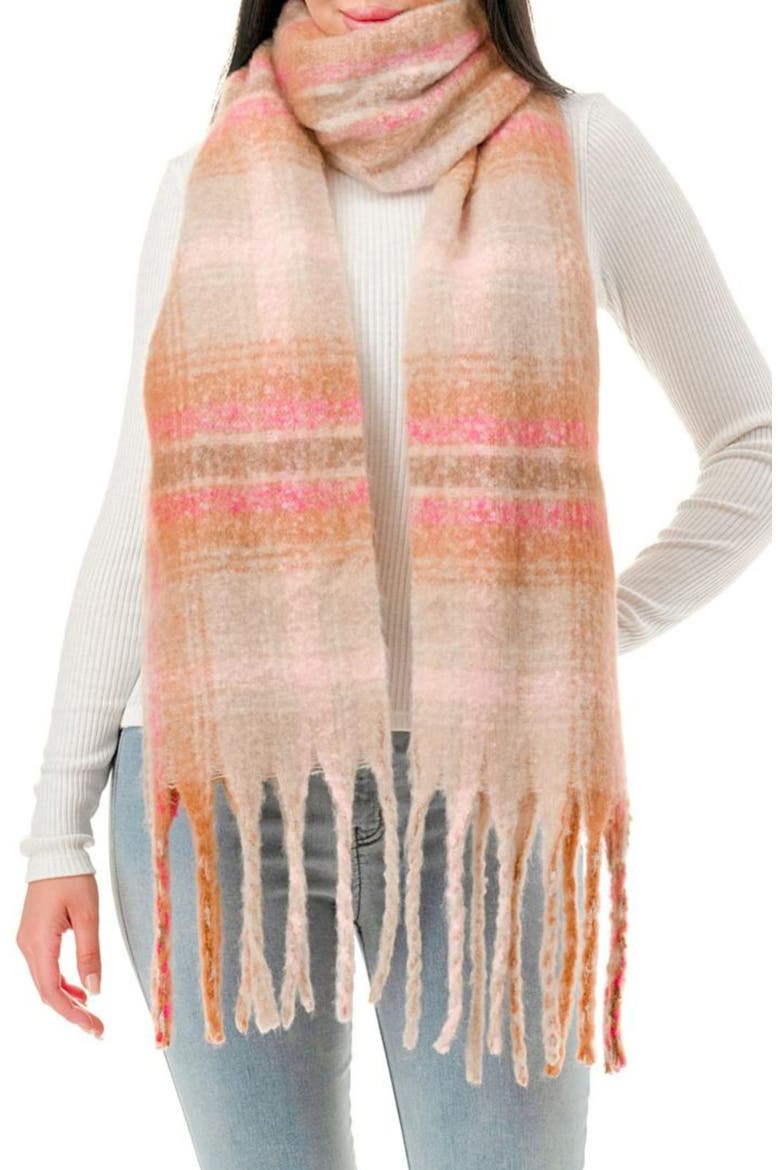 Fringe Plaid Scarf, Main, color, BROWN
