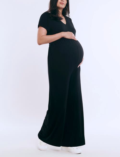 MOTHERHOOD MATERNITY MOTHERHOOD MATERNITY SHORT SLEEVE V-NECK FLARE LEG JUMPSUIT