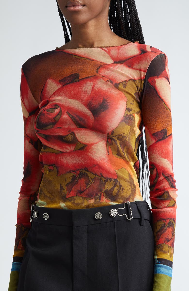 Jean Paul Gaultier Rose Print Long Sleeve Mesh Top, Alternate, color,