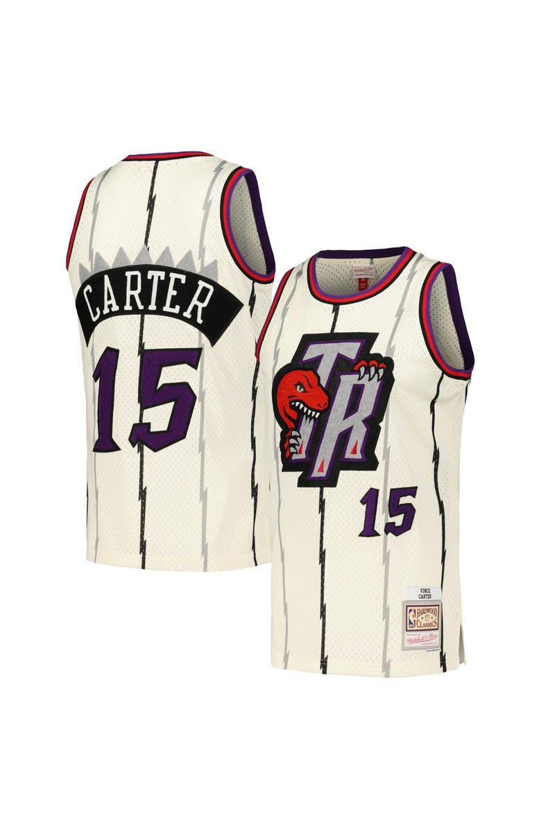 Mitchell & Ness Men's Mitchell & Ness Vince Carter Cream Toronto Raptors Chainstitch Swingman Jersey, Main, color,