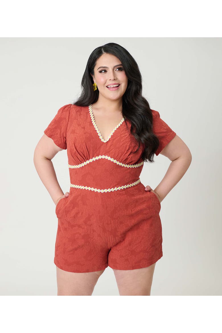 Plus Size 1940s Waistband Romper, Main, color, Rust Floral Print