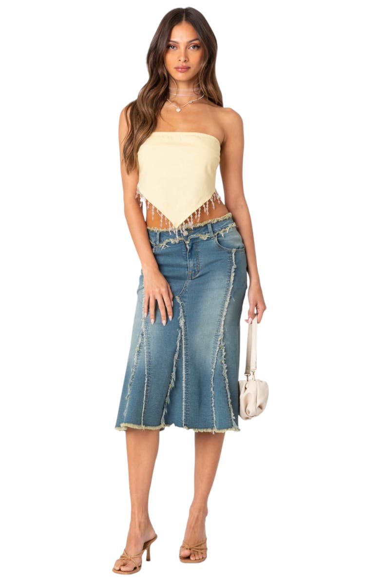 EDIKTED Chandelier Beaded Fringe Triangle Hem Strapless Crop Top, Alternate, color, 