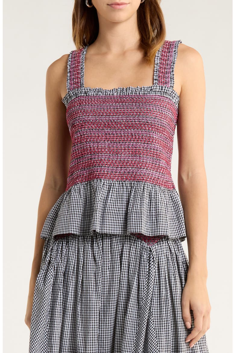Ami Smocked Organic Cotton Peplum Camisole, Main, color, BLACK