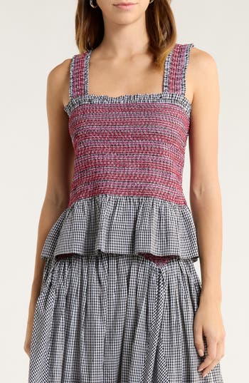 Damson Madder Ami Smocked Organic Cotton Peplum Camisole in Black at Nordstrom Rack, Size 16