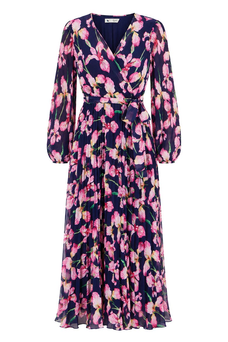 Orchid Floral Pleated Wrap Maxi Dress, Alternate, color, Navy