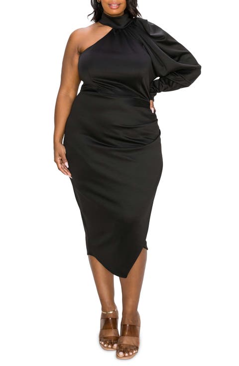 Gigi One-Shoulder Long Sleeve Midi Dress (Plus)
