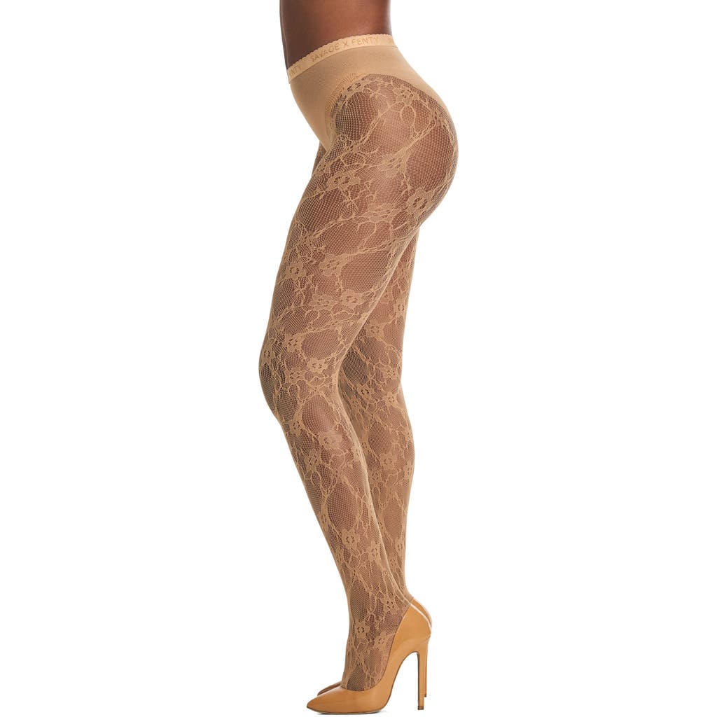 Savage X Fenty Savage X Lace Floral Sheer Tights In Neutral