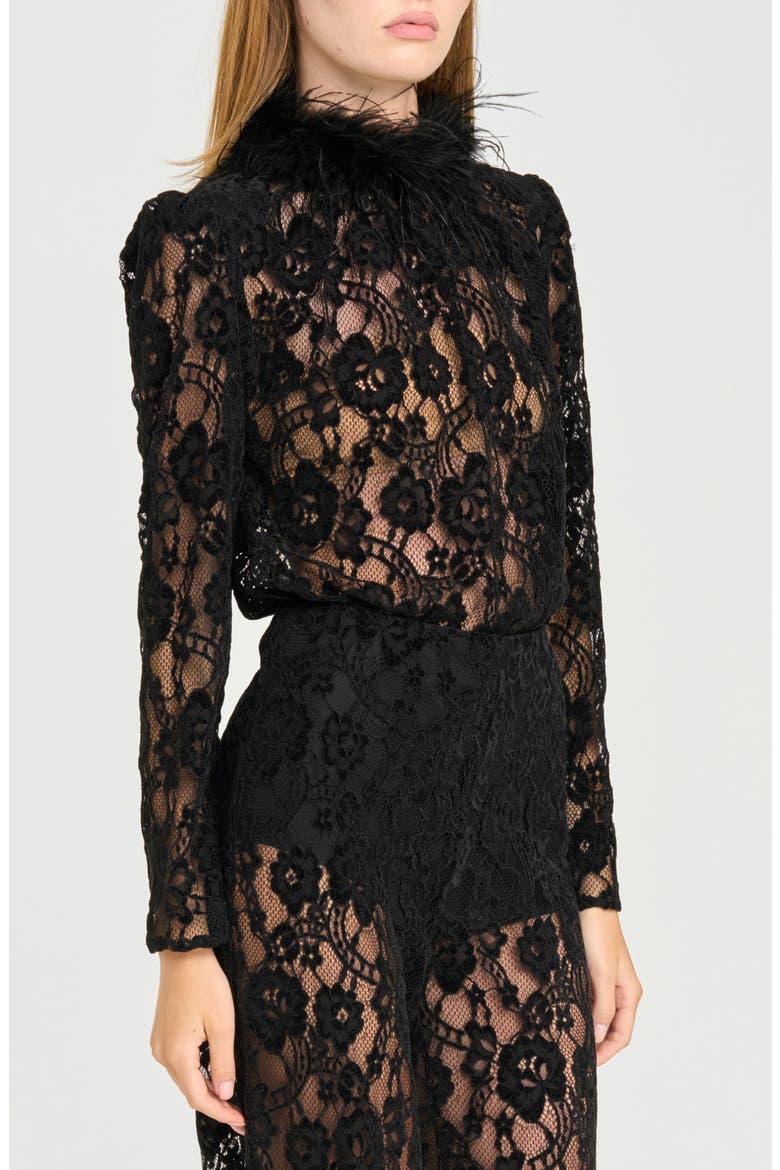 x Rose Lola Broadway Lace Top with Ostrich Feather Trim, Alternate, color, BLACK