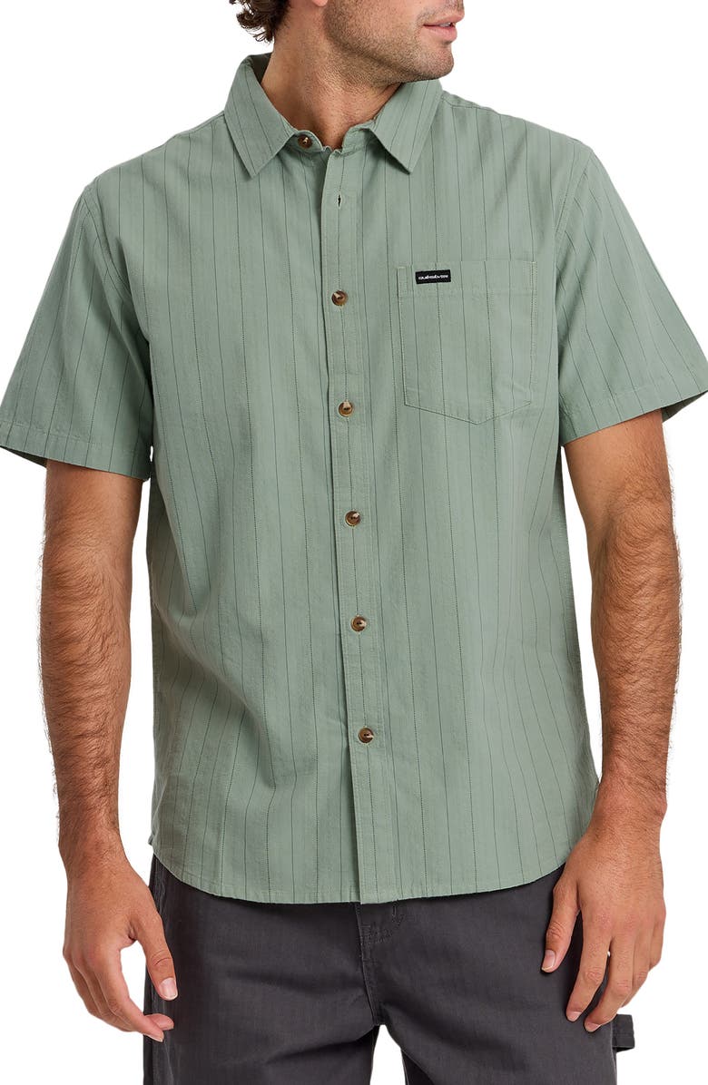 Quiksilver Dobby Stripe Classic Short Sleeve Cotton Button-Up Shirt, Main, color, Lily Pad