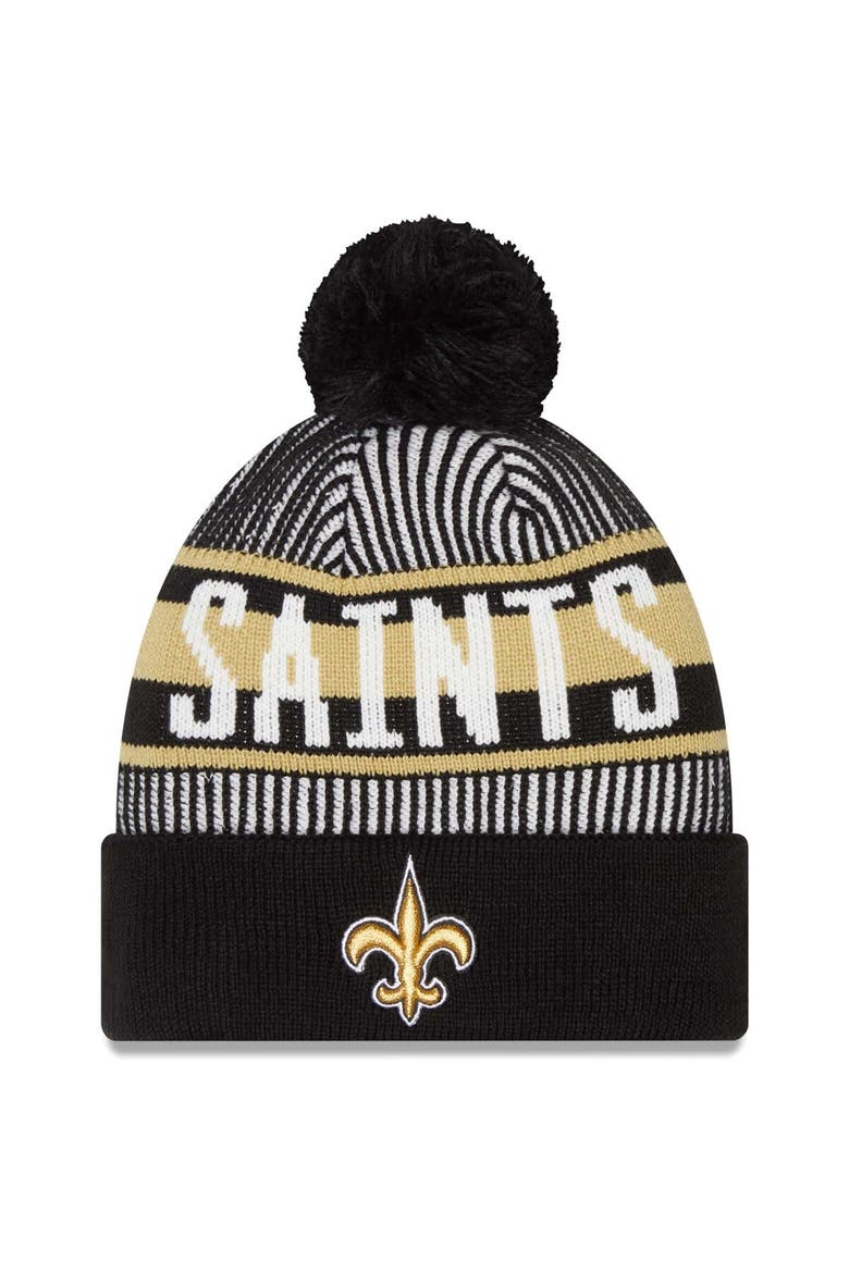 Men's New Era Black New Orleans Saints Striped Cuffed Knit Hat with Pom, Main, color, Black