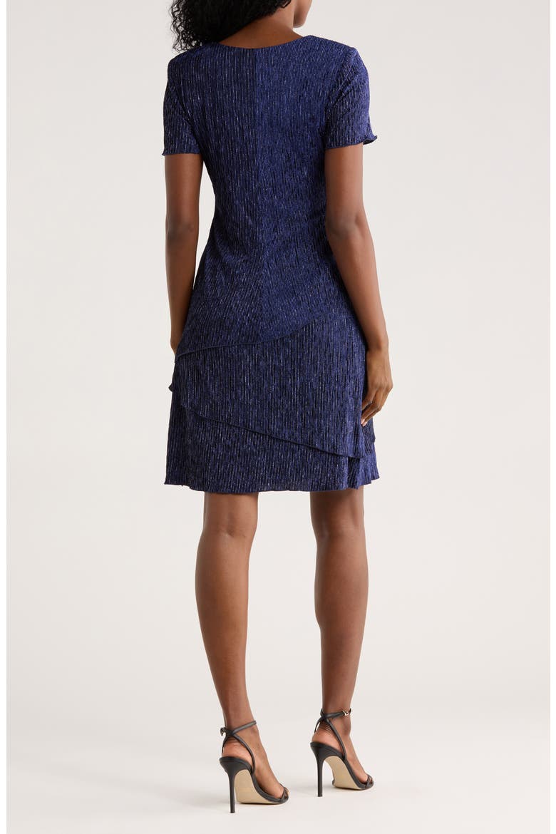 Short Sleeve Metallic Plissé Tiered Dress, Alternate, color, NAVY