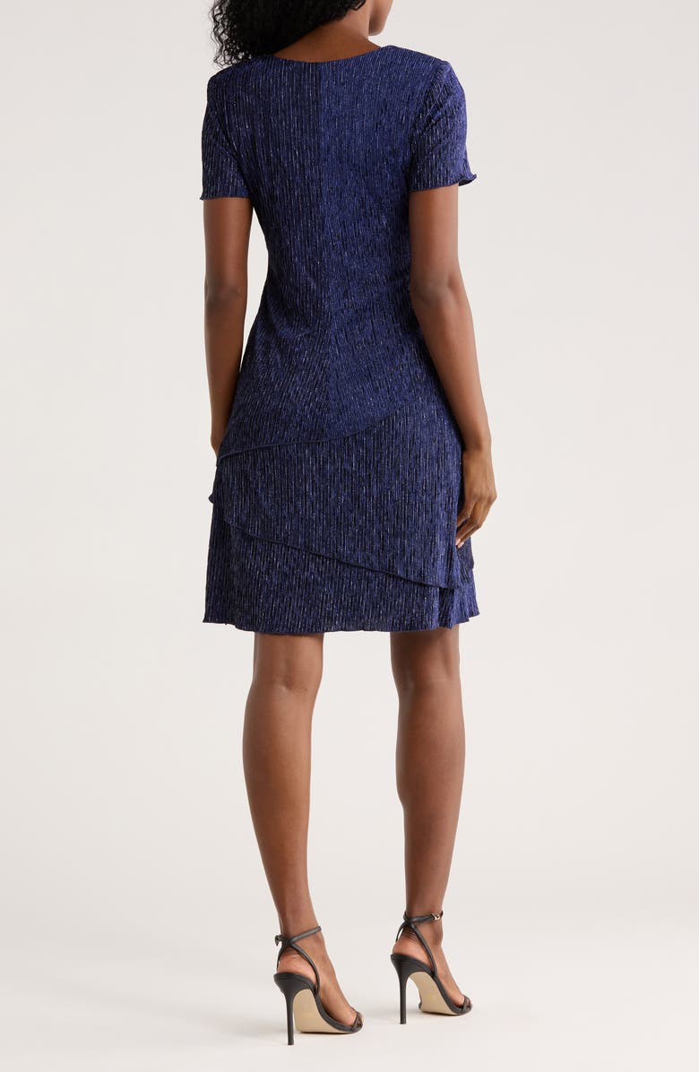 Connected Apparel Short Sleeve Metallic Plissé Tiered Dress, Alternate, color, Navy