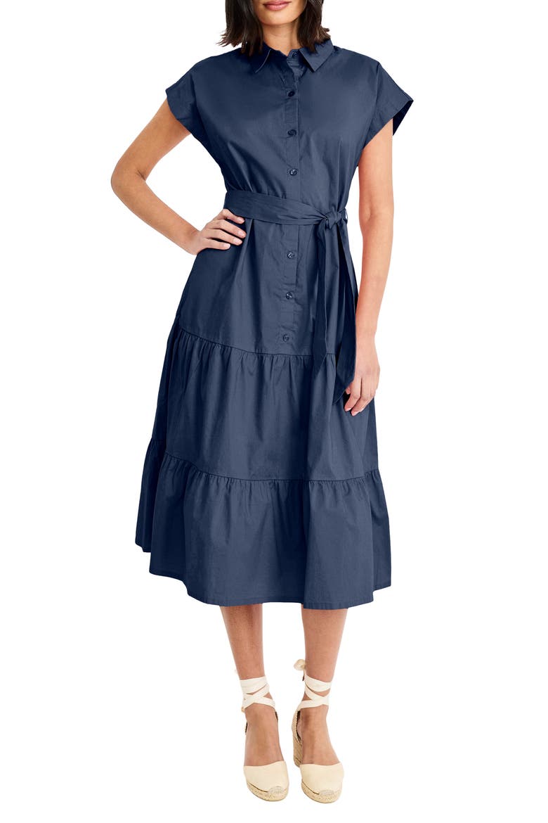 Tie Waist Stretch Cotton Shirtdress, Main, color, NAVY BLAZER