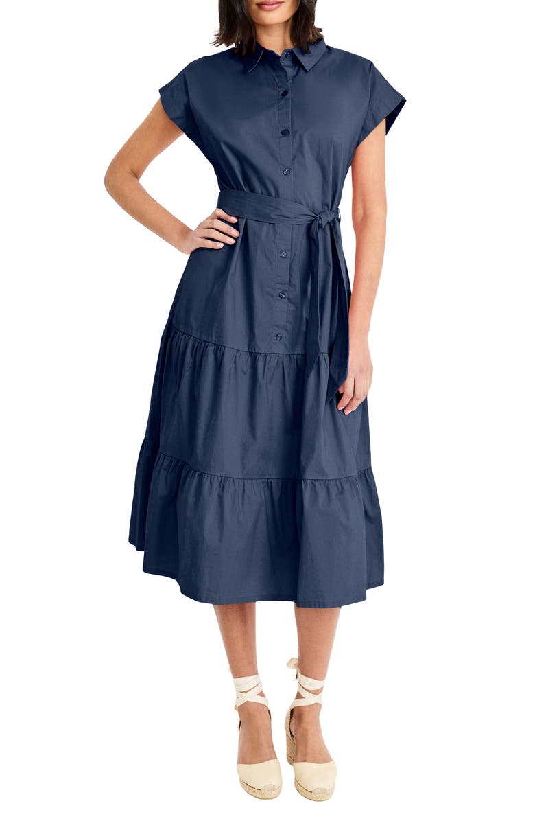 Maggy London Tie Waist Stretch Cotton Shirtdress, Main, color, Navy Blazer