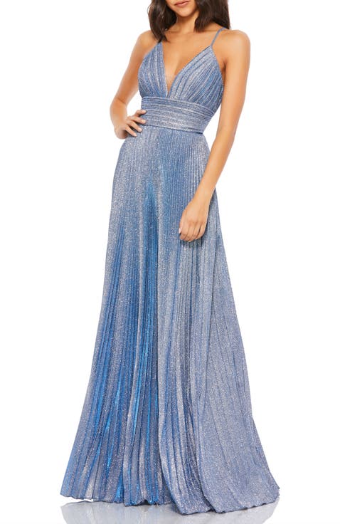 Shimmer Pleated V-Neck Gown