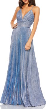 Mac Duggal Shimmer Pleated V-Neck Gown