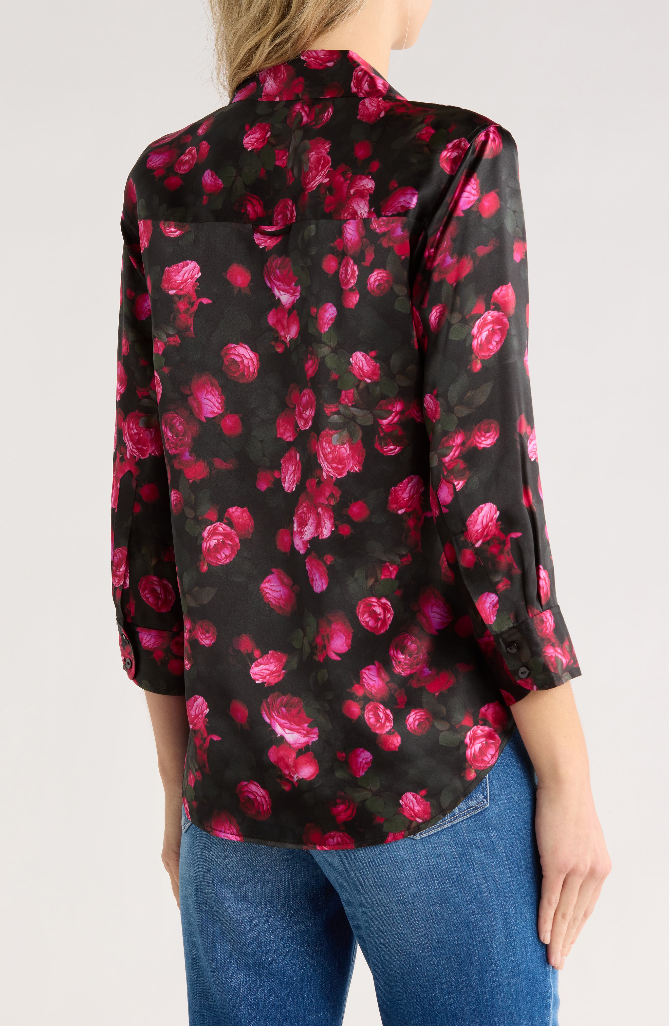 Dani Rose Print Silk Button-Up Shirt - image 2