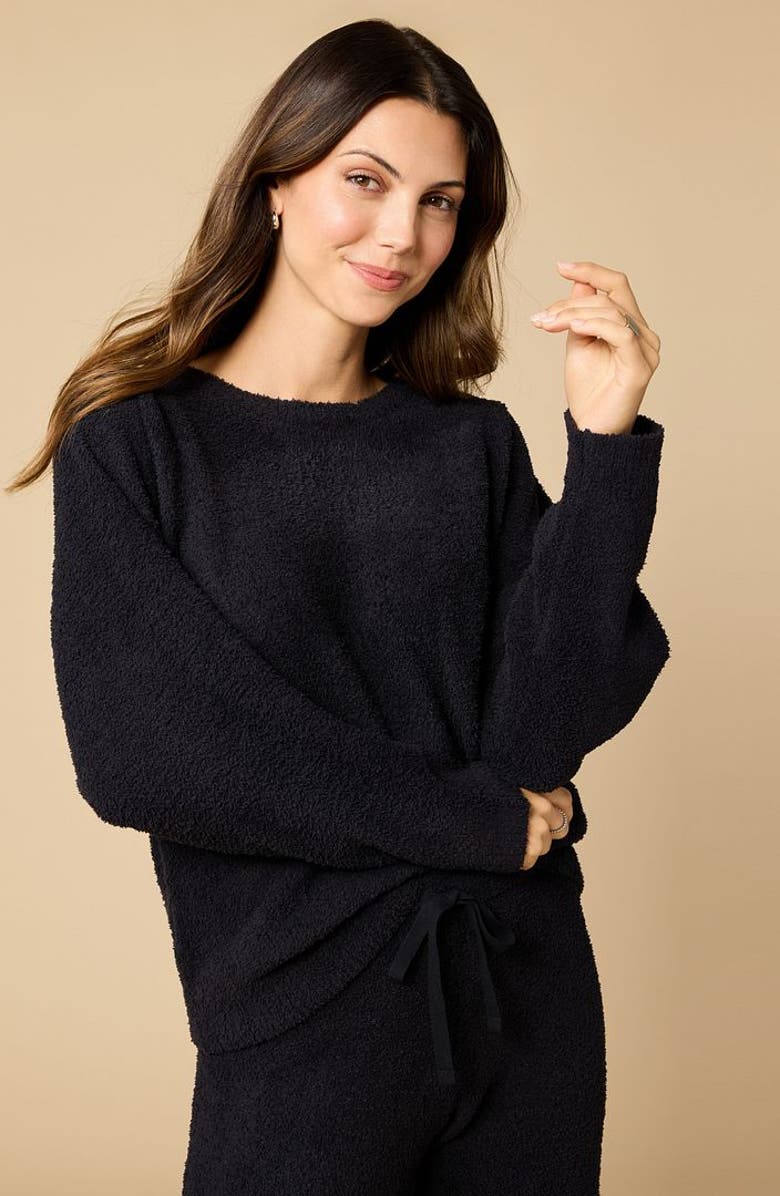 Softies Solid Marshmallow Reverse Seam Crew Neck Lounge Set with Bracelet Sleeve, Alternate, color, Black
