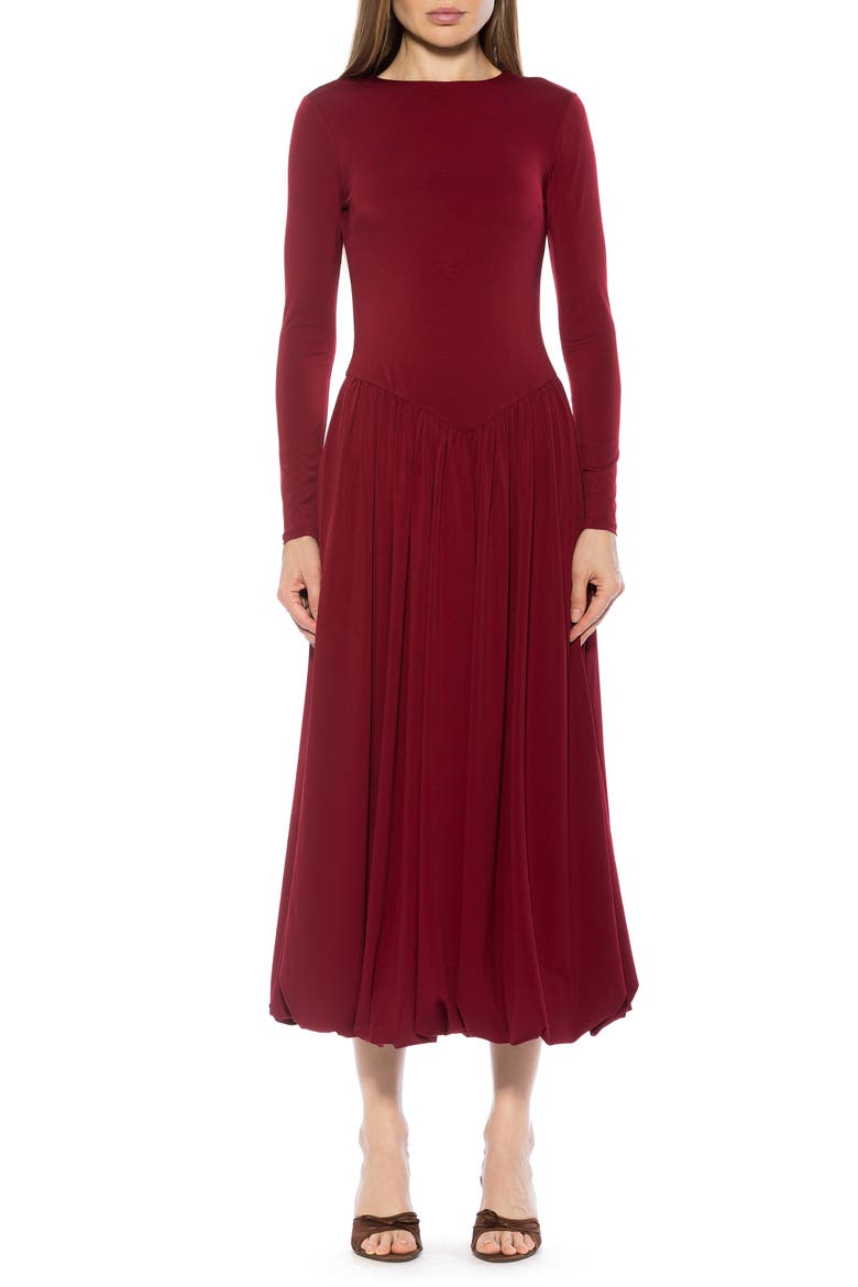 Eero Crewneck Long Sleeve Bubble Hem Midi Dress, Main, color, CRANBERRY