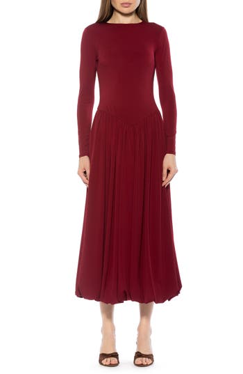 Alexia Admor Eero Crewneck Long Sleeve Bubble Hem Midi Dress In Red