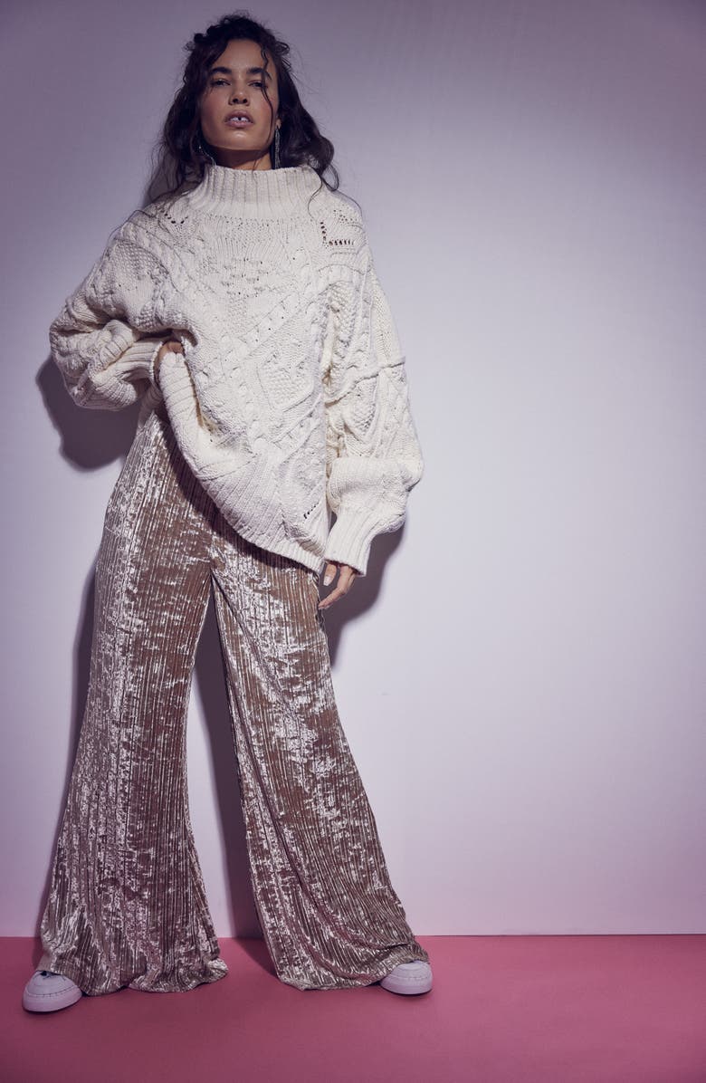 Free People Star Sign Ribbed Wide Leg Velvet Pants, Alternate, color, Champagne