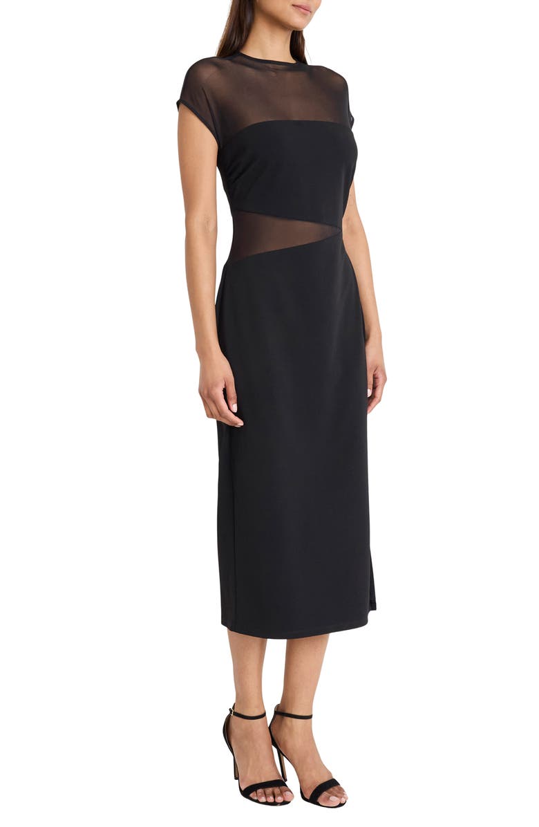 Donna Morgan Scuba Crepe Mesh Detail Dress, Alternate, color, Black