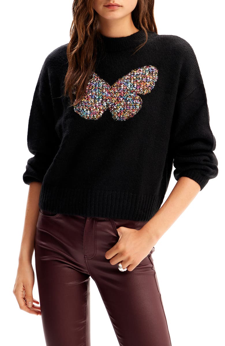 Desigual Chunky Knit Butterfly Pullover, Main, color, Black