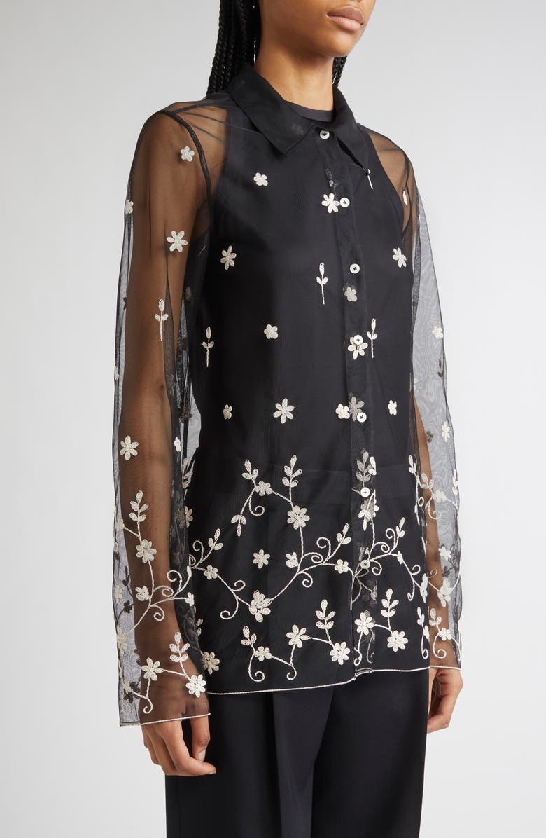 TOTEME Floral Embroidered Tulle Shirt, Alternate, color, Black/ White