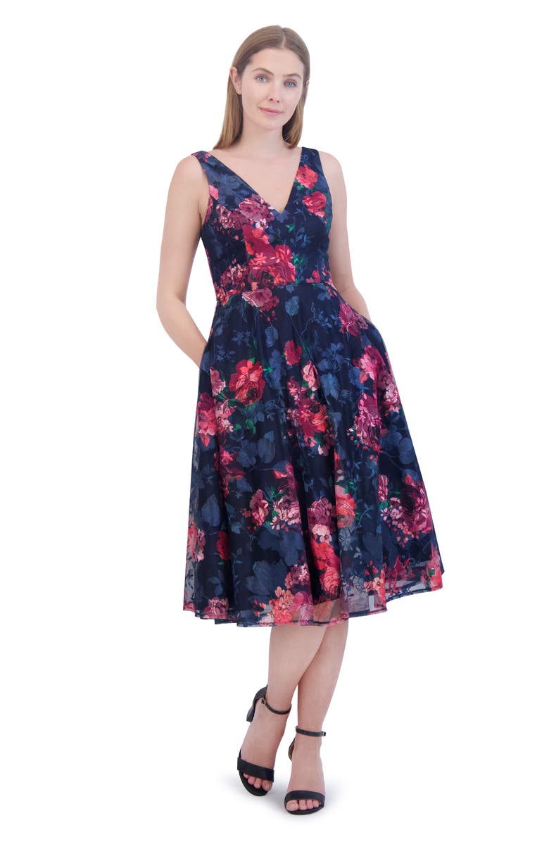 Eliza J Floral Midi Cocktail Dress, Alternate, color, Navy Multi