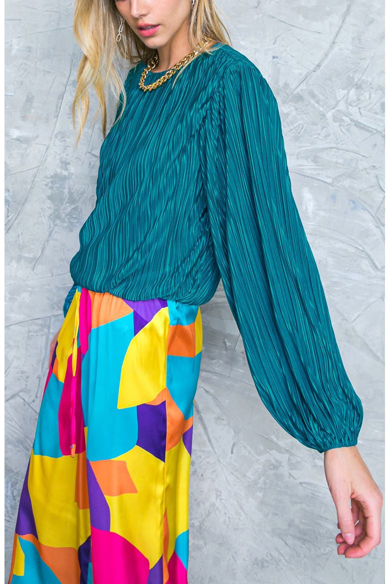 Pleated Textured Long Sleeve Top, Alternate, color, TEAL