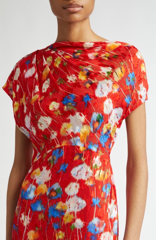Lela Rose Floral Jacquard Draped-shoulder Ankle Sheath Dress In Poppy