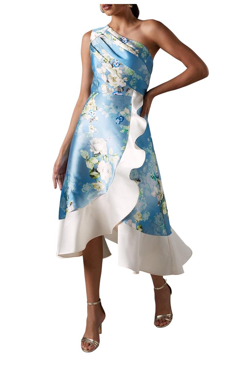 Coast One Shoulder Ruffle Midi Dress, Alternate, color, Light Blue