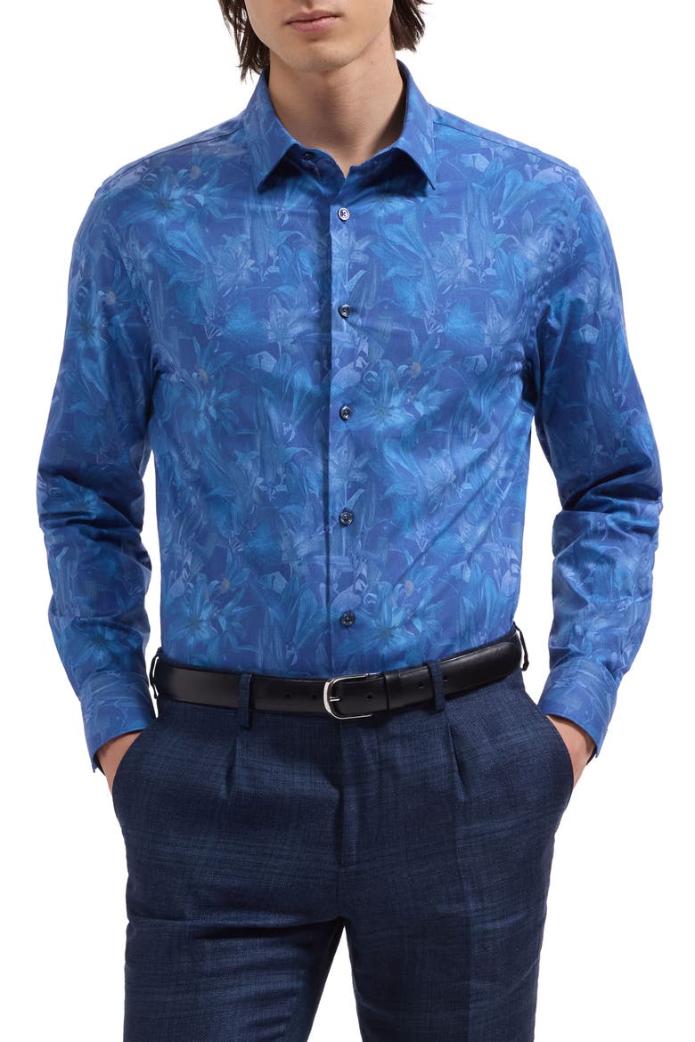 Julian Shaped Fit Floral Stretch Cotton Button-Up Shirt, Main, color, CLASSIC BLUE