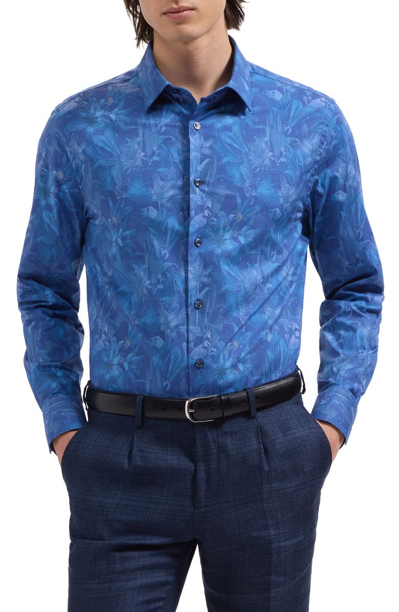 Bugatchi Julian Shaped Fit Floral Stretch Cotton Button-Up Shirt, Main, color, Classic Blue