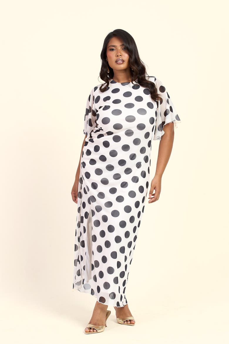 Large Polka Dot Ruched Side Maxi Dress, Main, color, Beige