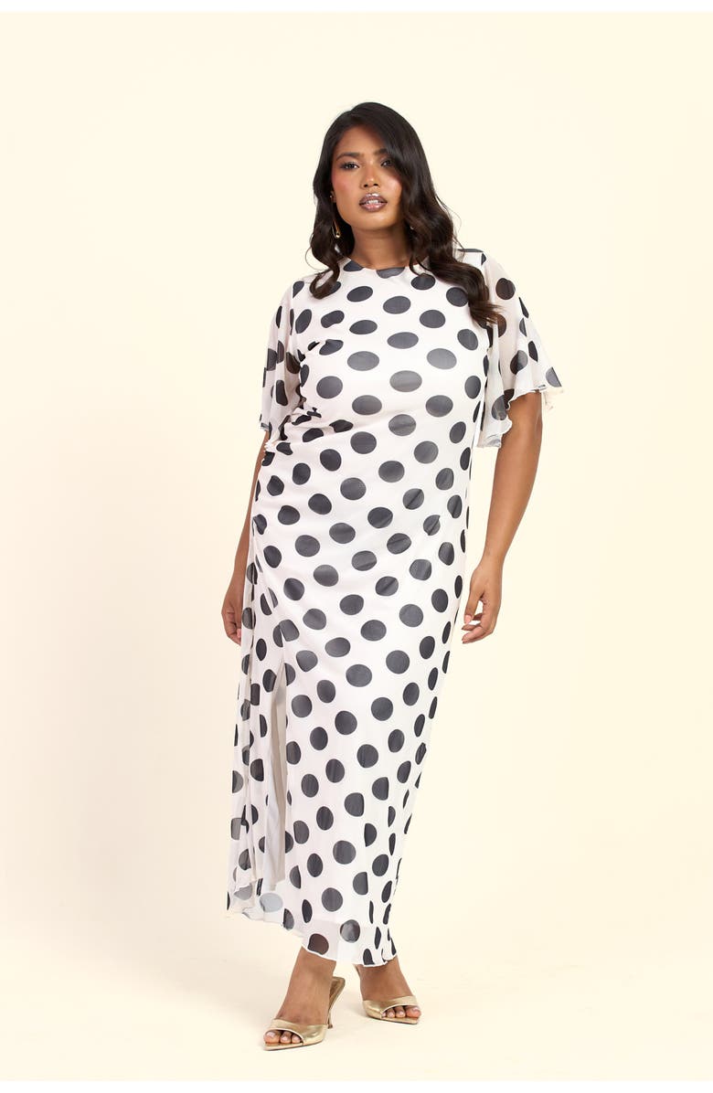 FASHION-SZN CURVE Large Polka Dot Ruched Side Maxi Dress, Main, color, Beige