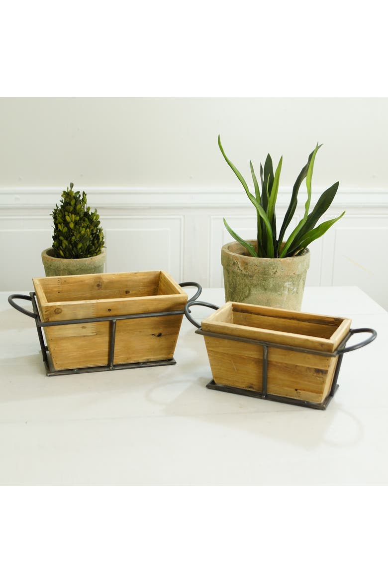 Wood Brown Metal Framed Wood Planters Set of 2, 15.78 Inch Decorative Indoor Planters, Alternate, color, Brown