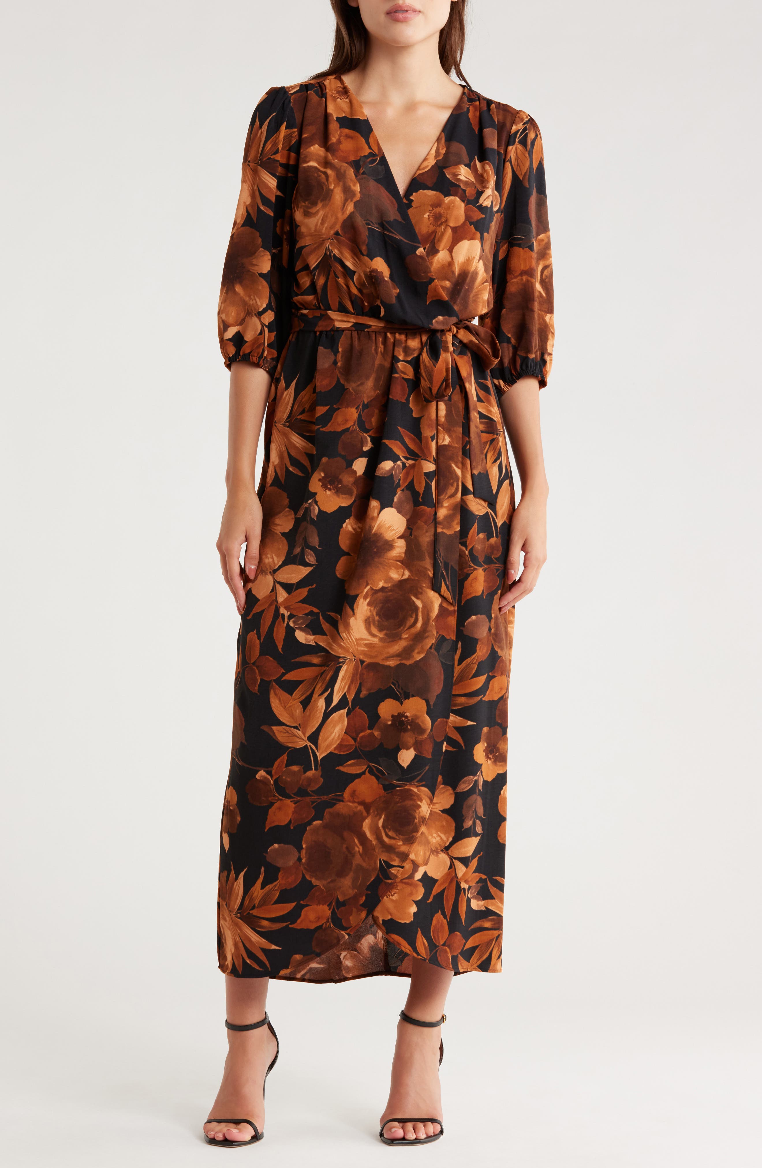 Connected Apparel Floral Puff Sleeve Faux Wrap Maxi Dress