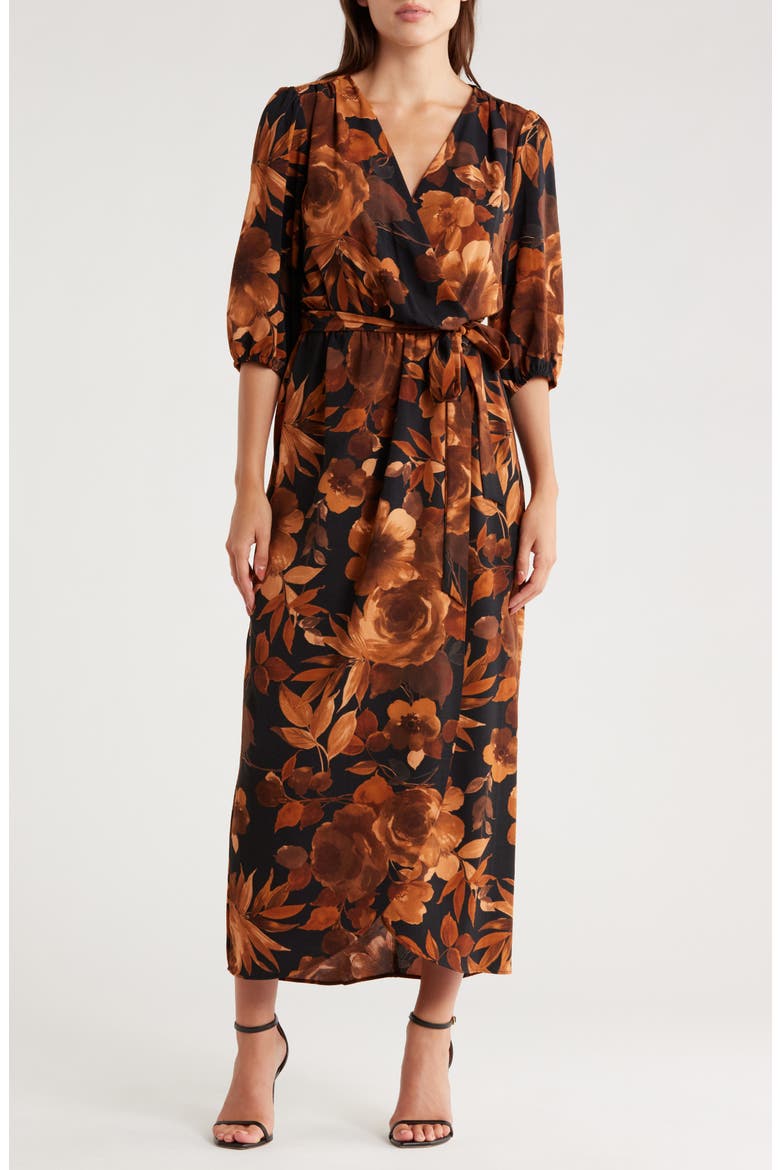 Floral Puff Sleeve Faux Wrap Maxi Dress, Main, color, SPICE