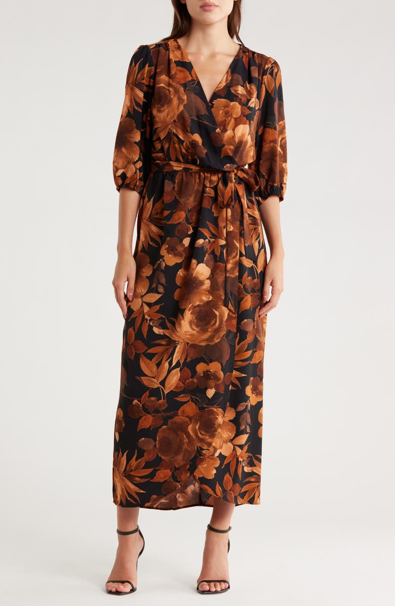 Connected Apparel Floral Puff Sleeve Faux Wrap Maxi Dress, Main, color, Spice