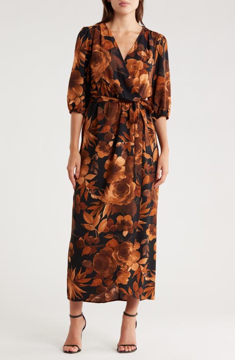Floral Puff Sleeve Faux Wrap Maxi Dress