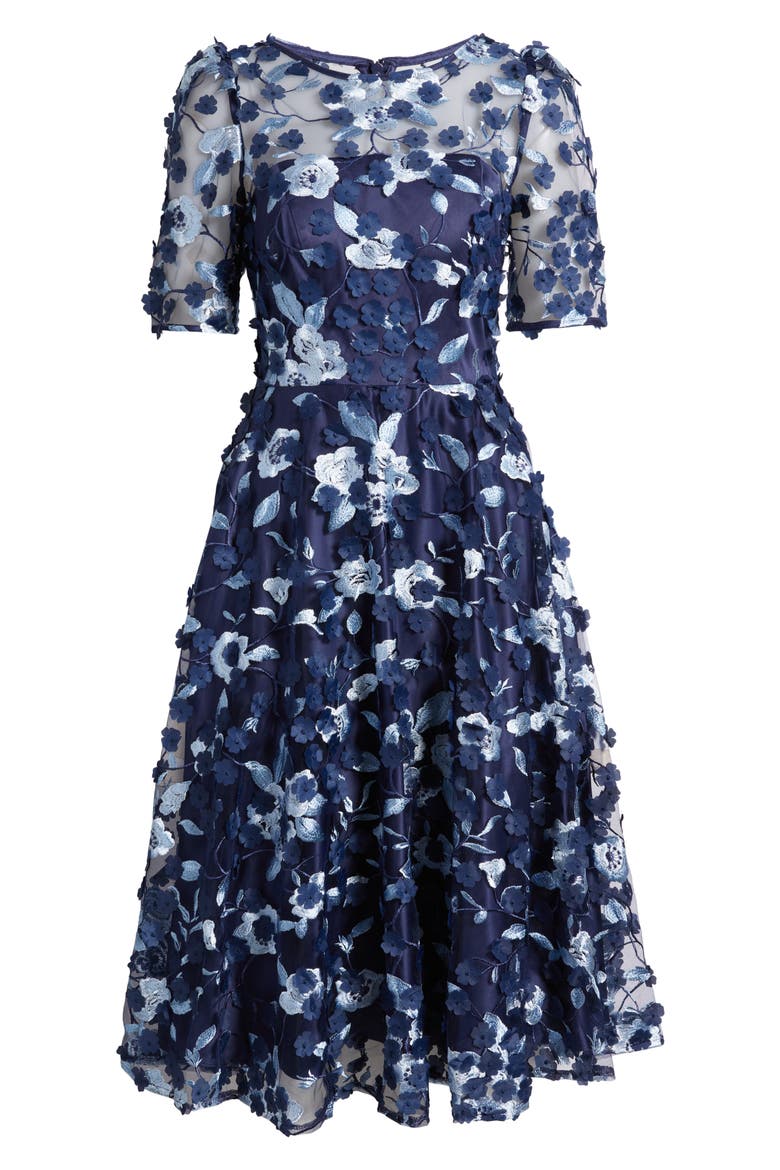 Floral Appliqué Cocktail Midi Dress, Alternate, color, NAVY
