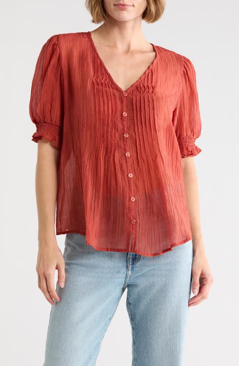 Pintuck V-Neck Puff Sleeve Top
