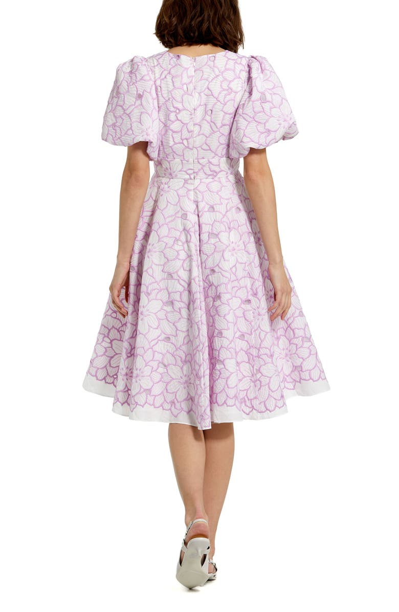 Mac Duggal Puff Sleeves Embroidered V Neckline Floral Dress, Alternate, color, Orchid White