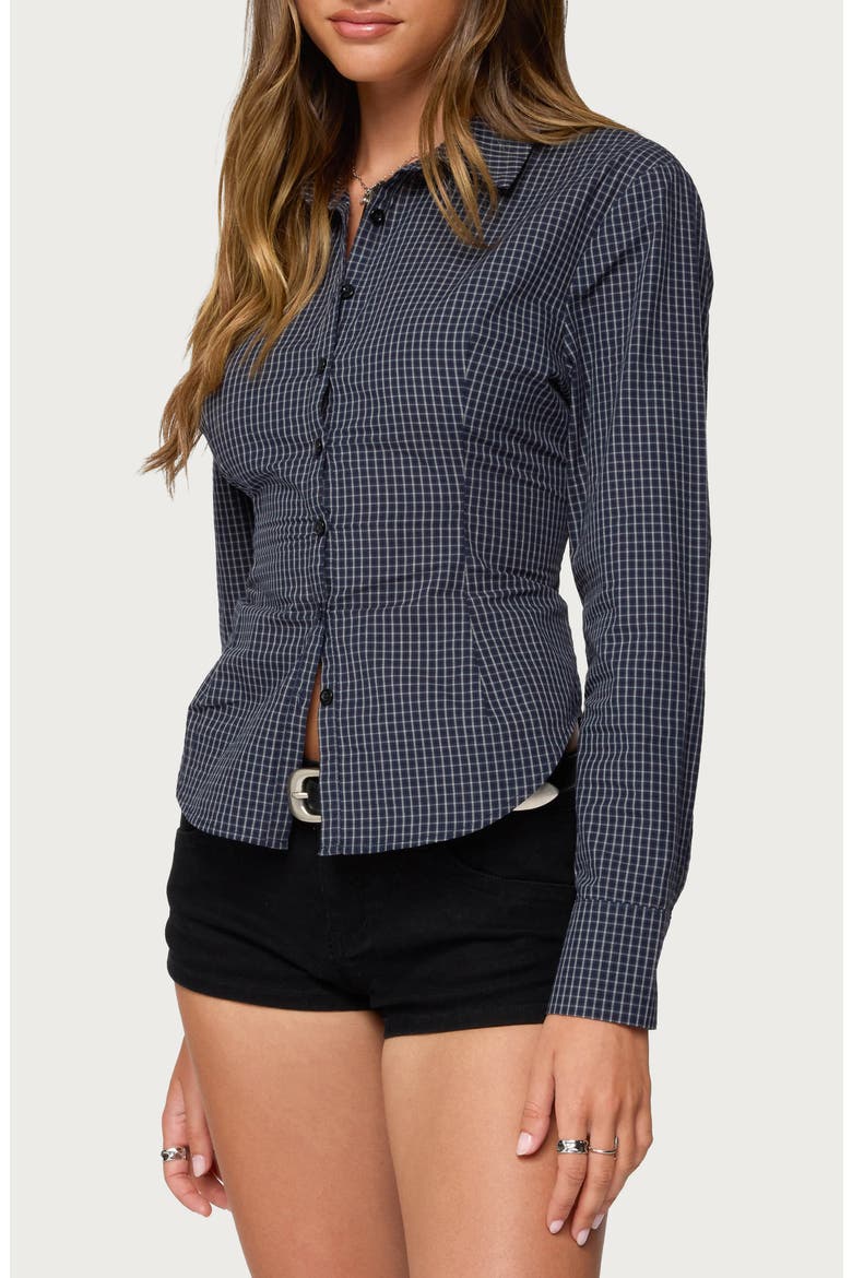 Lisbet Check Button-Up Lace-Up Shirt, Alternate, color, NAVY